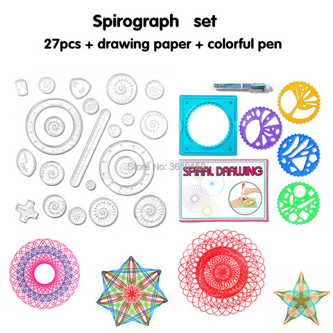 Spirographe ensemble d'accessoires de jeu de coloriage, jouet Puzzle pour enfants et adultes, ensemble de 27 pièces, engrenages de verrouillage au design et roues, avec stylo coloré ► Photo 1/6