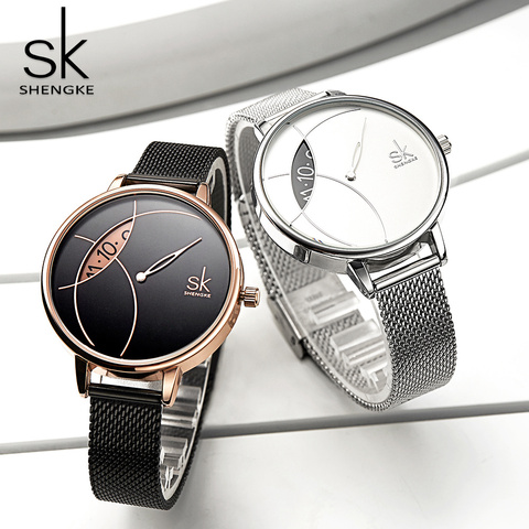 Shengke-montre à Quartz pour femmes, créative, avec bracelet en acier inoxydable, élégant, design en argent, pour femmes, décontracté ► Photo 1/6