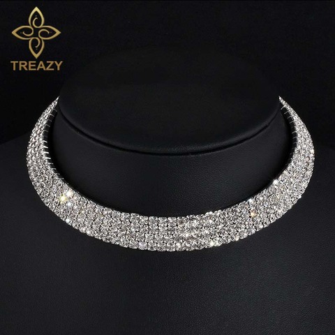 TREAZY Mousseux Couleur Argent Cristal Collier Ras Du Cou Collier De Mariée De Mariage Diamante Strass Choker Bijoux Cadeaux ► Photo 1/6