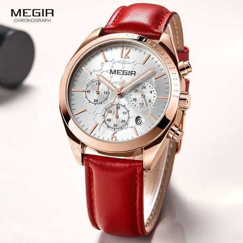 Megir – montre-bracelet à Quartz pour femmes, accessoire de loisir, étanche, avec bracelet en cuir, chronographe, rouge, 24 heures, 2115 ► Photo 1/6