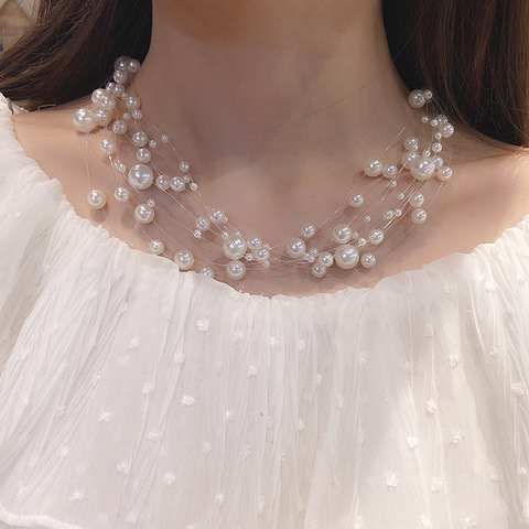 Collier multicouches de déclaration de mariage pour femmes, bijoux de fête en imitation de perle, ligne Invisible, ras du cou coréen ► Photo 1/6