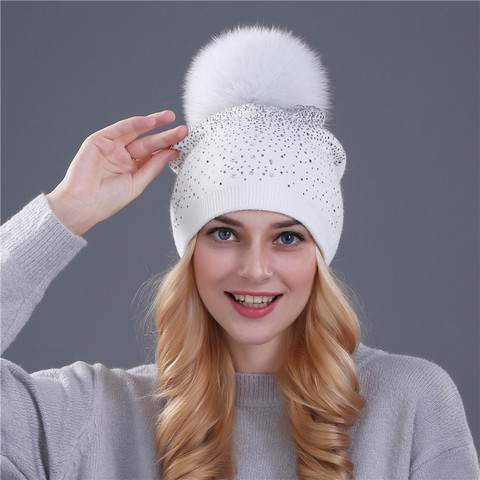 Bonnet d'hiver pour femmes, bonnet en fourrure de lapin, chapeau tricoté pour femme, pom pom, chapeau brillant avec strass pour femmes ► Photo 1/6