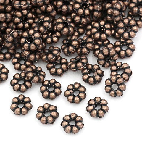 Perles d'espacement en alliage de Zinc métal DoreenBeads fleur couleur cuivre Antique environ 4.8mm x 4.8mm, trou: environ 1mm, 65 pièces ► Photo 1/3