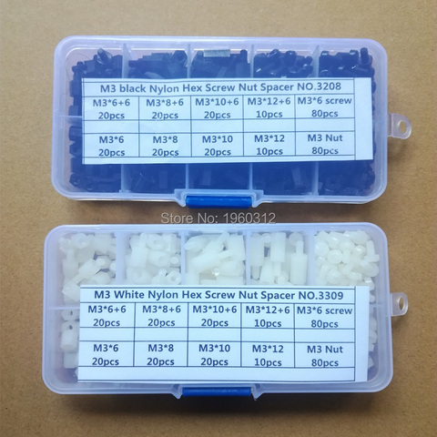 Kit d'assortiment de longueurs variées, boîte, 300 pièces/ensemble M3, vis en Nylon blanche ou noire ► Photo 1/4