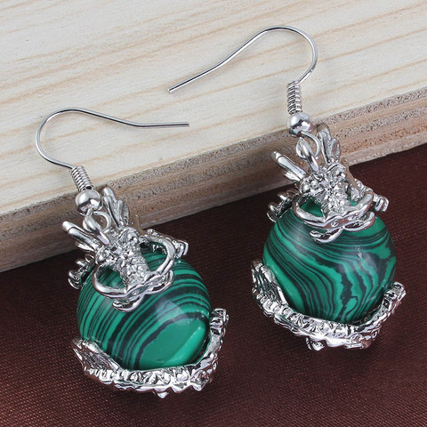 100-Unique 1 paire argent plaqué Malachite pierre perles incrusté chinois Dragon balancent boucles d'oreilles rétro bijoux ► Photo 1/2