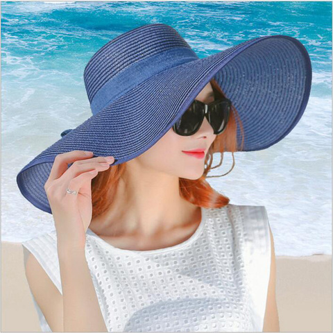 Chapeau de paille d'été simple pour femmes, chapeau de plage à large bord, pare-soleil pliable, protection UV, panama ► Photo 1/1