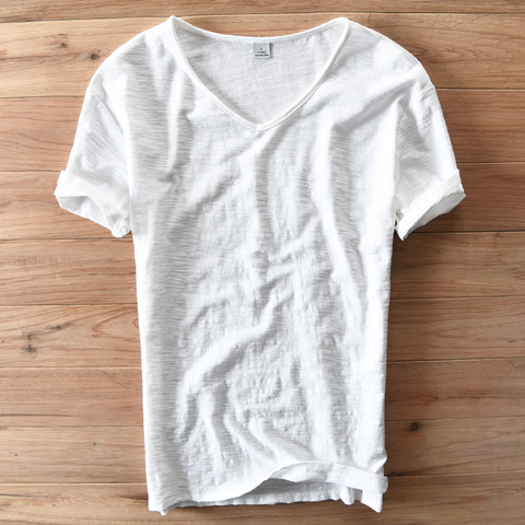 T-Shirt à manches courtes pour homme, vêtement de marque, blanc et estival, en coton, Style italien, col en v décontracté ► Photo 1/6