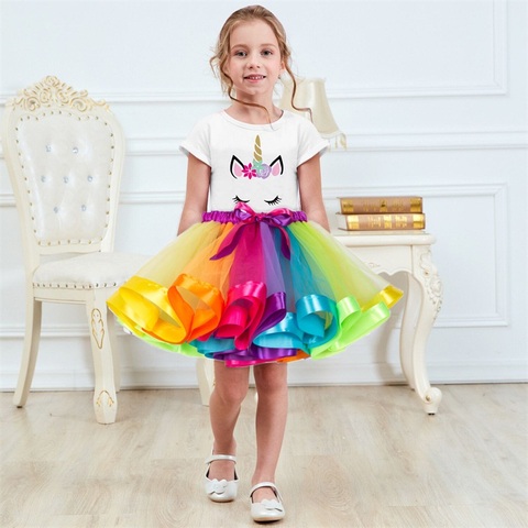 Ensemble de vêtements licorne pour petite fille, costume tutu de couleur, pour fête anniversaire, costume de princesse d'été, 2022 ► Photo 1/6