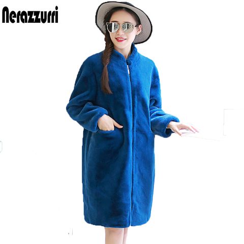 Nerazzurri grande taille moelleux fausse fourrure veste femmes fermeture éclair 5xl 6xl 7xl surdimensionné hiver élégant noir bleu vert cocon manteau de fourrure ► Photo 1/6