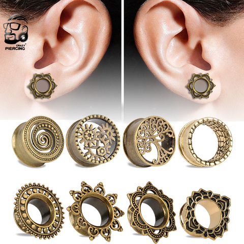 Bouchons d'oreille en laiton doré, 1 paire, mélange de Styles, piercing tunnel, civière, extenseur, bijoux pour le corps ► Photo 1/6