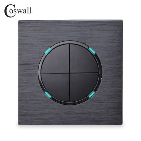 Coswall applique murale, 4 bandes, 1 voie, clic/désactivation aléatoire, panneau métallique aluminium brossé, noir/argent gris interrupteur avec témoin LED ► Photo 1/5