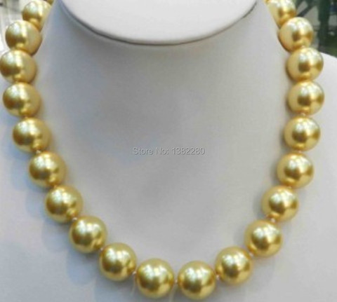 Collier de perles dorées en coquillage du sud pour femme et fille, 14mm, 18 pouces, à la mode, cadeau de noël ou de mariage, vente en gros ► Photo 1/1