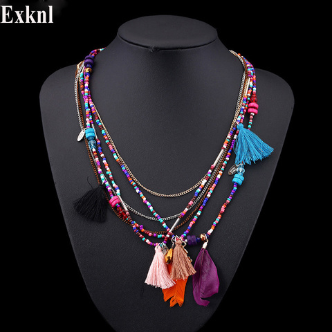 Exknl-collier bohème avec plumes multicolores, perles avec pompon, Maxi, longue chaîne ethnique, bijoux pour femmes ► Photo 1/6