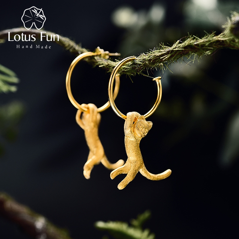 Lotus Fun-boucles d'oreilles en argent Sterling 925, bijoux fins créatifs, faits à la main, mignons, en or 18 carats, Kung Fu chat, pour femmes ► Photo 1/6