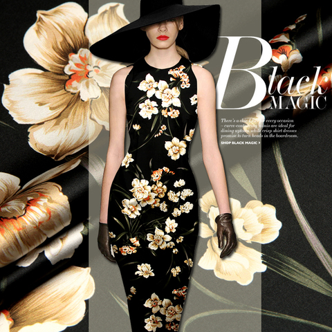 Tissu en satin de soie, 118cm de large, 19mm, 93% soie, orange noir, tissu floral pour robe d'été, chemise, veste cheongsam ► Photo 1/1