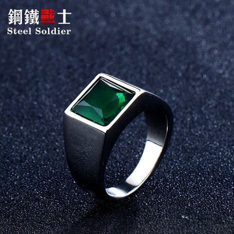 Bague en titane pour hommes, acier inoxydable 316L, bague en acier inoxydable, couleur bleu, vert, pierre carrée, à la mode ► Photo 1/6