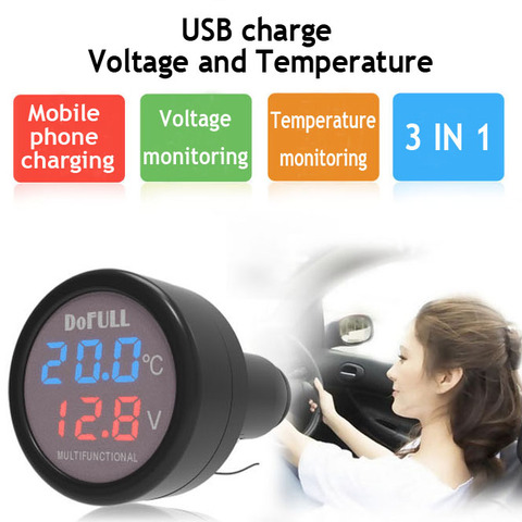 Dofull – thermomètre de voiture 3 en 1 LED, voltmètre, chargeur USB, compteur de température, tension cc, allume-cigare ► Photo 1/6