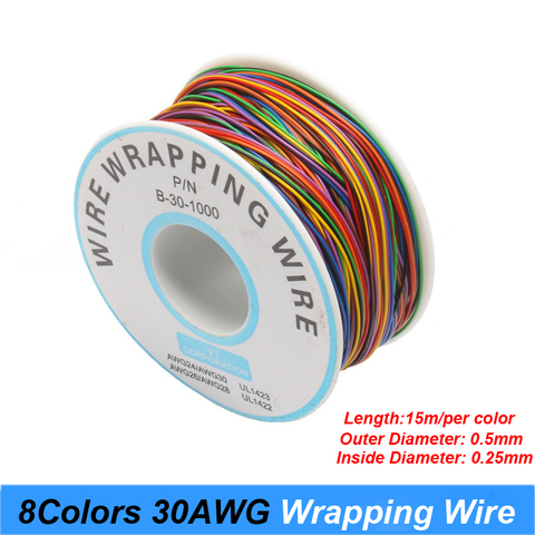 Un rouleau 8 couleurs 30AWG fil d'emballage, cuivre étamé solide, isolation en PVC ► Photo 1/1