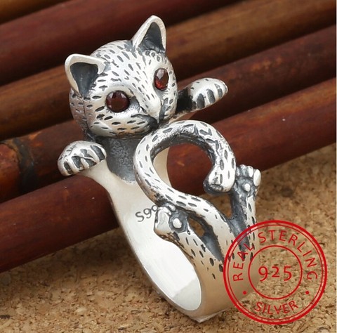 Bague de Style rétro, chat mignon en argent Sterling nouveauté, bague de Style rétro, taille ajustable pour femmes, bijou cadeau, 925 ► Photo 1/5