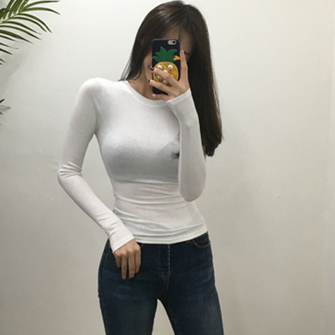 T-shirt Style coréen mince T-shirts 2022 Sexy T-shirts coton à manches longues été hauts t-shirt Femme kaki bleu blanc noir ► Photo 1/6