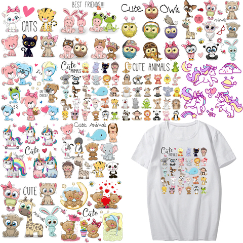 Dessin animé Animal Patch ensemble fer sur transfert mignon licorne chat hibou chien fleur patchs pour enfants fille vêtements T-shirt bricolage presse à chaud ► Photo 1/6