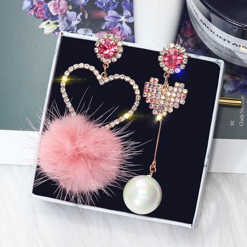 FYUAN – boucles d'oreilles asymétriques en cristal rose pour femmes, bijoux en forme de cœur, goutte d'eau, boule de fourrure blanche, strass, cadeau ► Photo 1/6