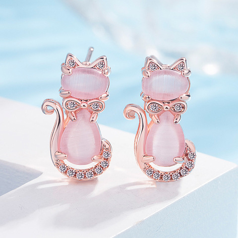 MOONROCY-boucles d'oreilles en opale Rose, or Rose, pendentif CZ, Quartz Rose, chat mignon, cadeau pour filles, collection livraison directe ► Photo 1/6