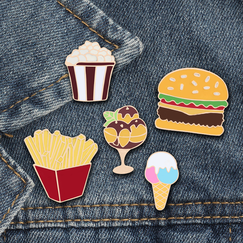 Épingles alimentaires en émail, dessin animé, Badge hamburger, frites, pop-corn, chapeau de crème glacée, sac de col de chemise, bijoux pour femmes, jeux pour enfants ► Photo 1/6