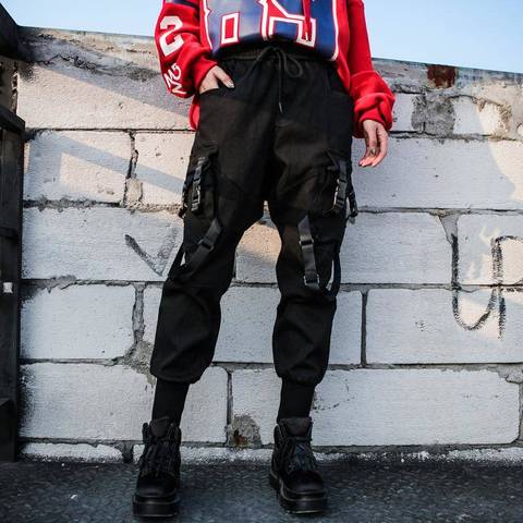 Noir taille haute Cargo pantalon femmes décontracté Punk pantalon gothique Streetwear crayon Harajuku Cool pantalon mode Hip Hop filles pantalon ► Photo 1/5