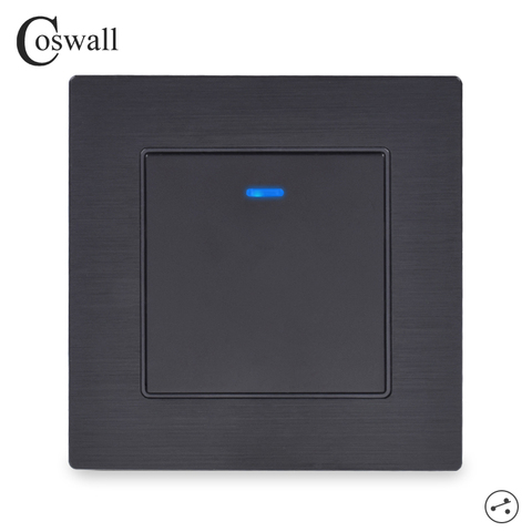 Coswall-interrupteur mural, 1 bouton, 2 voies, On/Off, indicateur LED passes, cadre métallique en aluminium noir et noir ► Photo 1/4