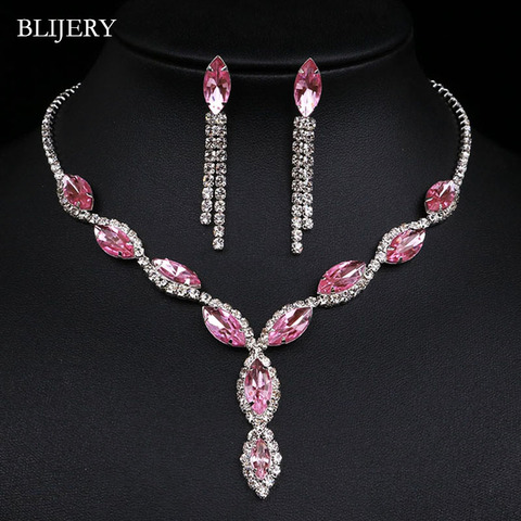 BLIJERY – ensemble de bijoux de mariage en cristal rose pour femmes, accessoires, collier, boucles d'oreilles, pompon Floral ► Photo 1/6