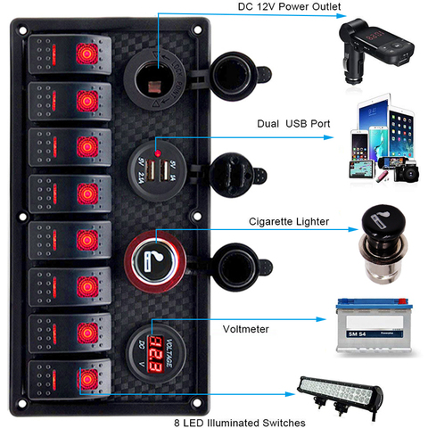 Disjoncteur de panneau de commutateur à bascule 8 gangs, voltmètre protégé contre les surcharges 12V 24V DC Port USB de chargeur, RV voiture bateau LED bleu marin ► Photo 1/6