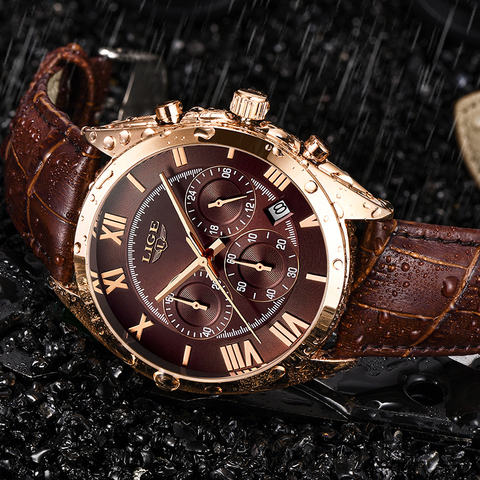 LIGE – montre en cuir pour hommes, marque de luxe, étanche, 24 heures, Quartz, marron, sport, 2022 ► Photo 1/6