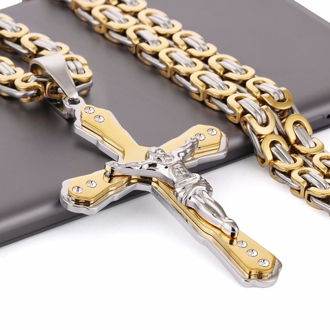 Christian Jésus Croix pendentif en cristal Colliers Épais Lien Byzantine Chaîne acier inoxydable bijoux pour hommes Colar Cadeau 21.65 