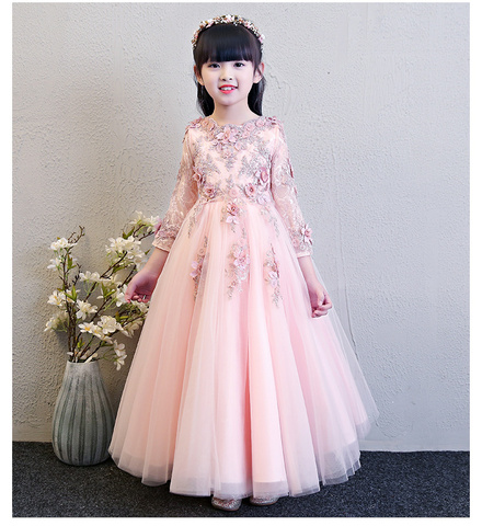 Robe de mariée à manches longues pour filles rose, à fleurs, robe princesse de fête d'anniversaire, première Communion, avec Appliques en dentelle ► Photo 1/6