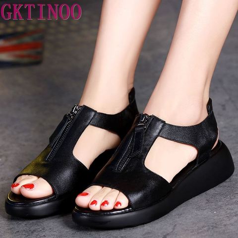 GKTINOO-sandales d'été en cuir véritable pour femmes, chaussures à talons à plateforme de 4.5cm, grande taille 34-42 ► Photo 1/6