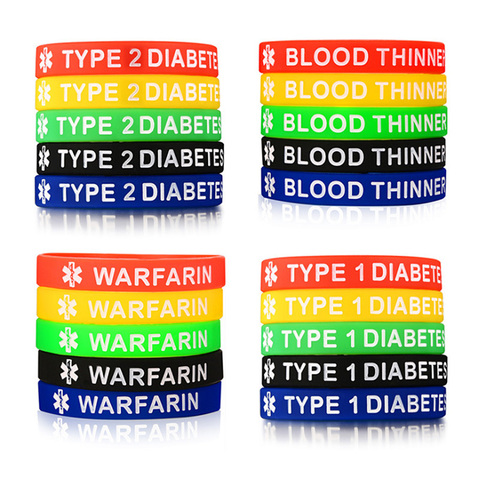 Bracelet en Silicone pour hommes et femmes, 5 couleurs, 1 ensemble, pour diabète de TYPE 1/2/amincissant/warfarine, alerte médicale ► Photo 1/6