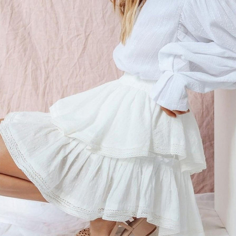 Mini jupe trapèze taille haute pour femmes, élégante, blanche, décontractée, avec épissure de dentelle, courte, vacances, été, 2022 ► Photo 1/6