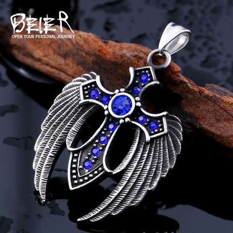 Beier punk acier inoxydable ailé croix 3 couleur pierre plume pendentif collier pour homme femmes vintage bijoux BP8-073 ► Photo 1/6