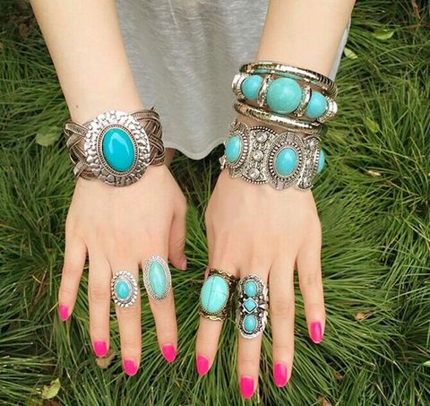 Bracelets en métal élastique pour hommes et femmes, style bohème, Punk, gitane, tibétain, Vintage, large, avec perles en pierre bleue, fait à la main ► Photo 1/6