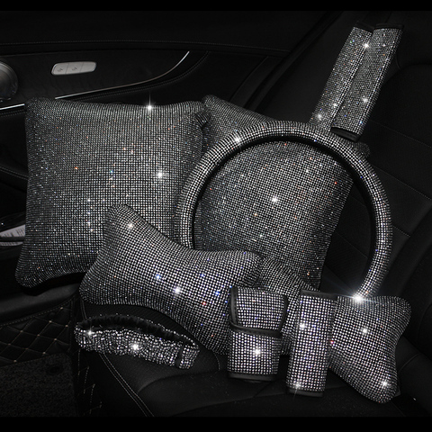 Couverture de ceinture de siège de voiture en cristal strass, coussin de cou, oreiller de taille, Support de volant, ensemble d'accessoires d'intérieur pour voiture ► Photo 1/6