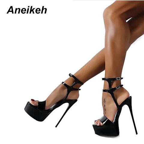 Aneikeh nouveau 2022 mode Peep orteil sandales à talons hauts Sexy bout ouvert 16CM talons hauts sandales tenue de fête femmes chaussures noir rouge 46 ► Photo 1/6