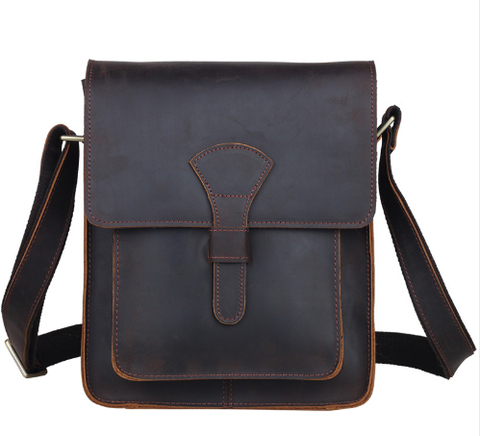 Sac à bandoulière en cuir véritable pour hommes, sacoche marron foncé style vintage pour iPad, petit sac en cuir de cheval fou 1112 ► Photo 1/6