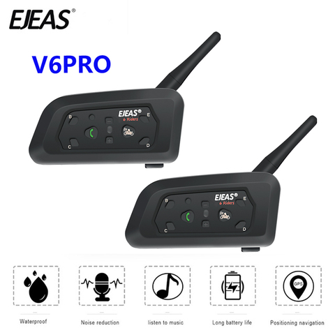 2 pièces EJEAS V6 Pro 850mAh Bluetooth Moto communicateur casque Interphone Moto casque avec micro 1200m Interphone pour 6 coureurs ► Photo 1/6