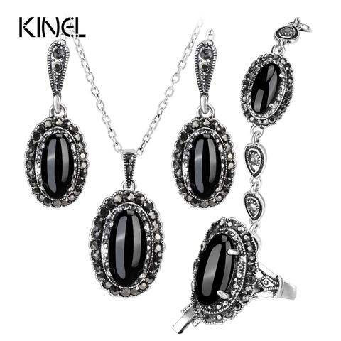 Kinel-ensemble de bijoux rétro pour femmes, 4 pièces, pendentif noir, collier, boucle d'oreille, Bracelet, bague, ensemble de bijoux pour femmes, cadeau à la mode ► Photo 1/1