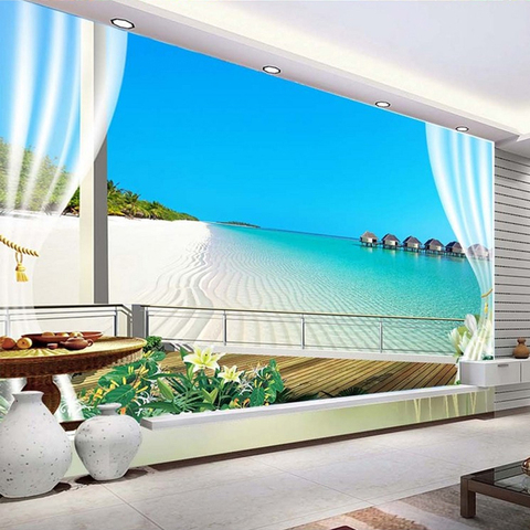 Papier peint Mural Non tissé personnalisé | Papier peint Photo 3D, Maldives, fenêtre stéréoscopique, balcon plage, vue mer, toile de fond ► Photo 1/6