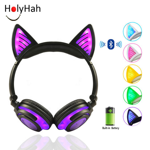 Holyhah cadeau d'anniversaire sans fil Bluetooth écouteur pliable clignotant chat oreille enfants casque de jeu casque avec lumière LED ► Photo 1/6