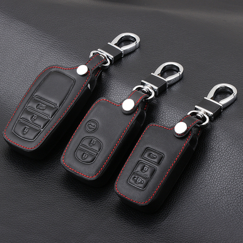Porte-clés de voiture en cuir véritable, housse pour télécommande, pour Toyota Camry Crown RAV4 Corolla Prado Prius 3 boutons ► Photo 1/5
