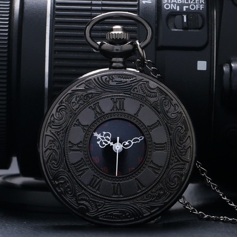 Montre de poche noire Vintage charmunichoise chiffres romains, Quartz, Steampunk, pendentif avec chaîne ► Photo 1/6