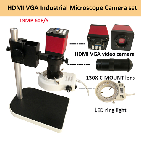 Ensembles de microscopes numériques HDMI VGA, appareils photo industriels, HD 13MP 60F/S + 130X objectif à monture C + lumière annulaire LED + support métallique ► Photo 1/6